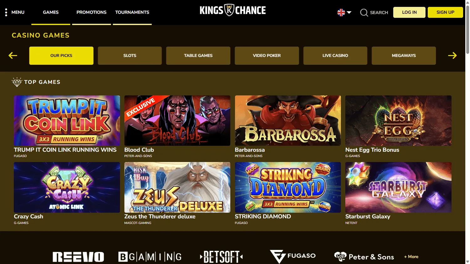 Kings Chance Casino games area on desktop