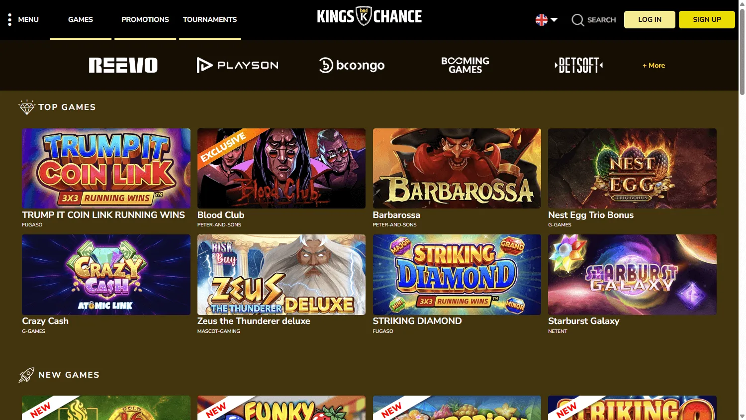 Kings Chance Casino home page on desktop