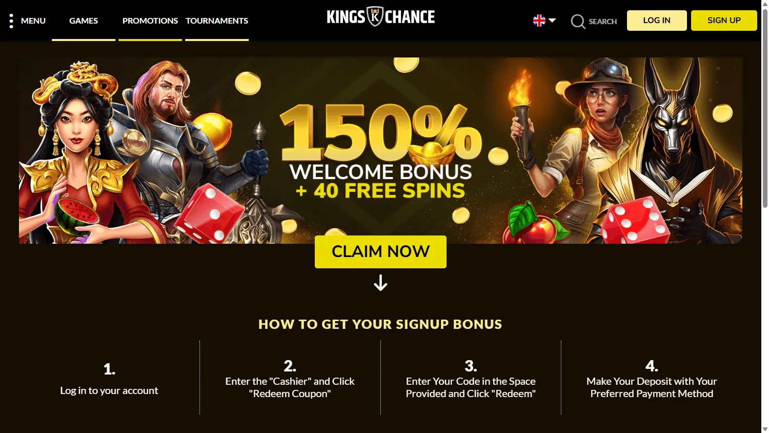 Kings Chance Casino promotions area on desktop